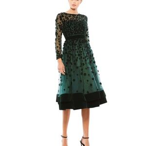 Mac Duggal Green and Black Embellished Midi Dress